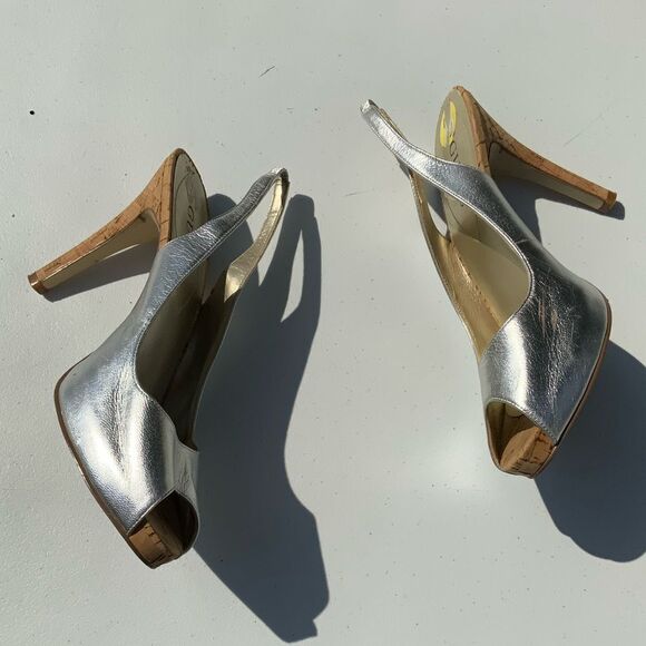 Guess Silver Peep-Toe Slingback Heels - Picture 1 of 7
